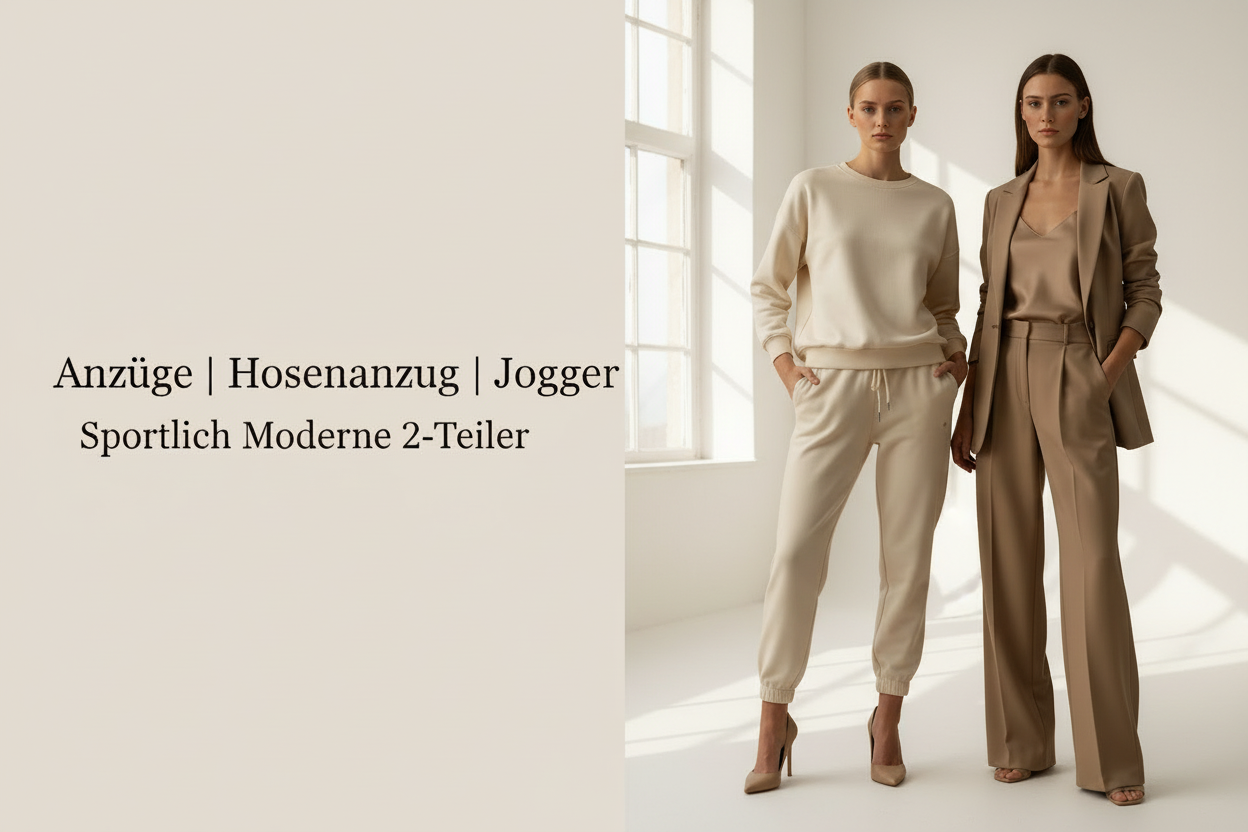 Das Bild zeigt einen eleganten Damen-Hosenanzug auf einer Schaufensterpuppe vor hellem Hintergrund. Der Anzug besteht aus einer langen Hose und einem passenden Blazer in Beige. Darüber steht in klarer Schrift „HOSENANZUG“.