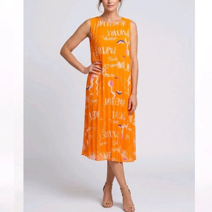 Damen Plissé-Kleid Gr. 38 40 mit Unterkleid Italy Tunika Chiffon Orange